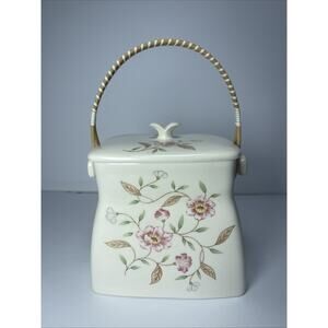 RARE Oriental Cottagecore Cookie Jar Wicker Handle pink Flowers Symco Japan